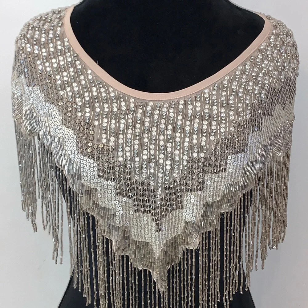HAUTE HIPPIE Beaded Shawl $595 New Sequin Evening Cape 1920s Gatsby Ivory Bridal - Picture 15 of 16
